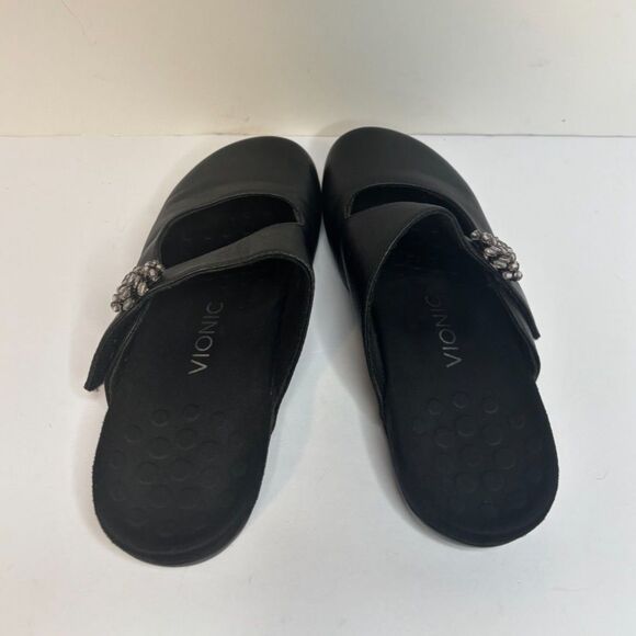 Vionic Black Leather Clog Mule Slides Slip On Comfort Womens Strappy Shoes - Picture 3 of 5